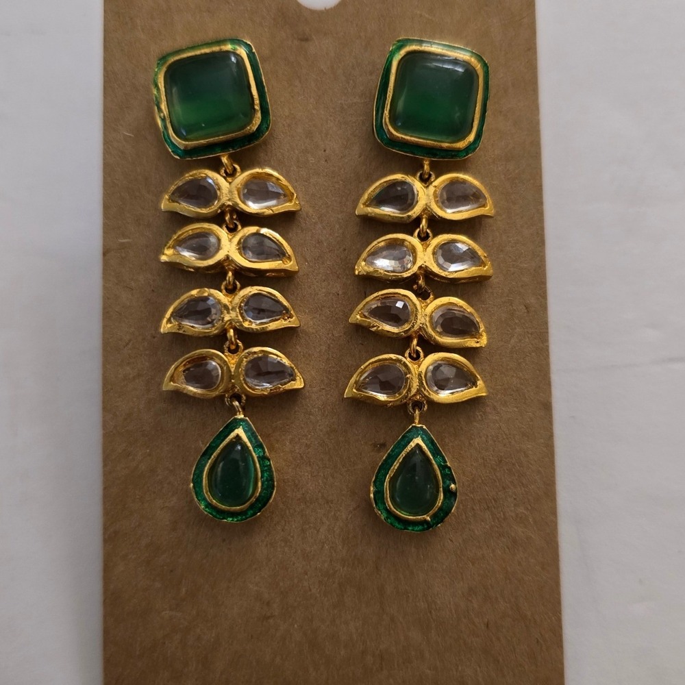 Vintage Green Gold Tone Regancy Kundan Style Drop Statement Earrings Jewelry